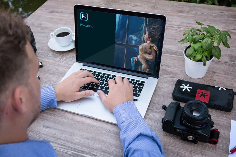 A person working on Adobe Photoshop showing how to increase the resolution of an image.