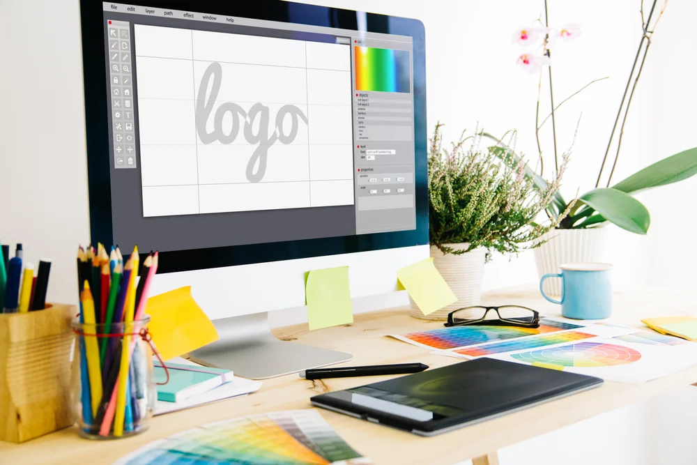 A MacBook laptop with Photoshop is open to design a logo that is within the brand guidelines.