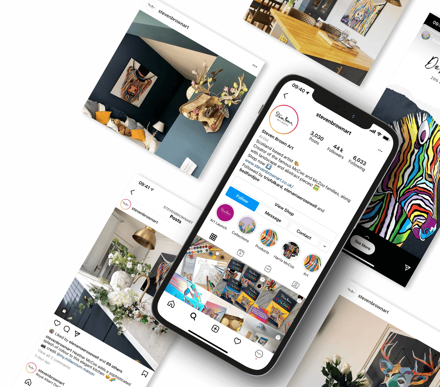Colour image of Instagram mockups for Steven Brown Art posts. In the foreground there is an Iphone screen showing the Steven Brown Art Instagram page and in the background are pictures of social posts.