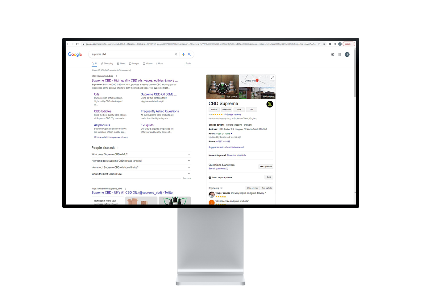 Mockup of a desktop screen showing the Google search results for Supreme CBD