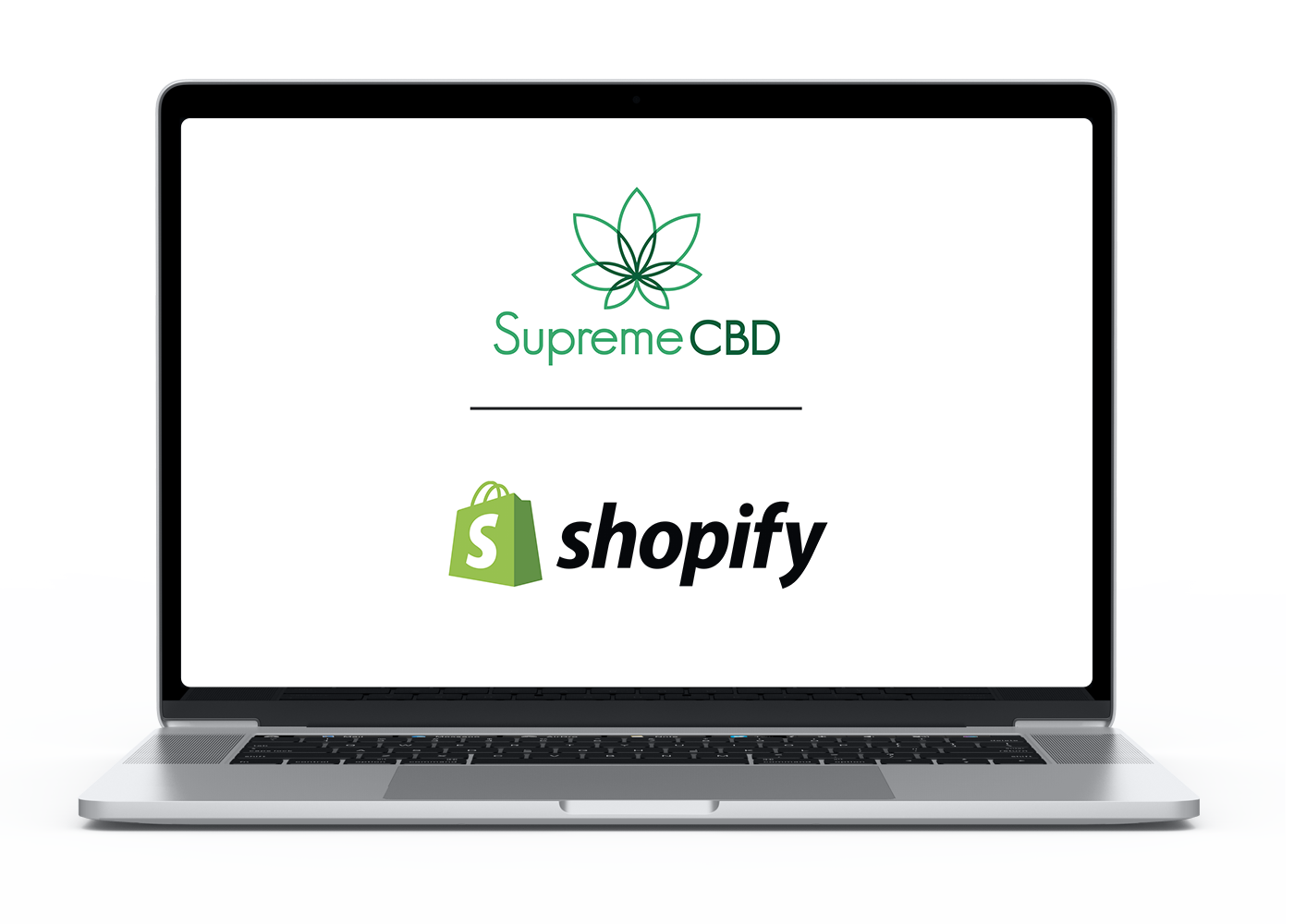 Mockup of a laptop with the Supreme CBD and Shopify logos