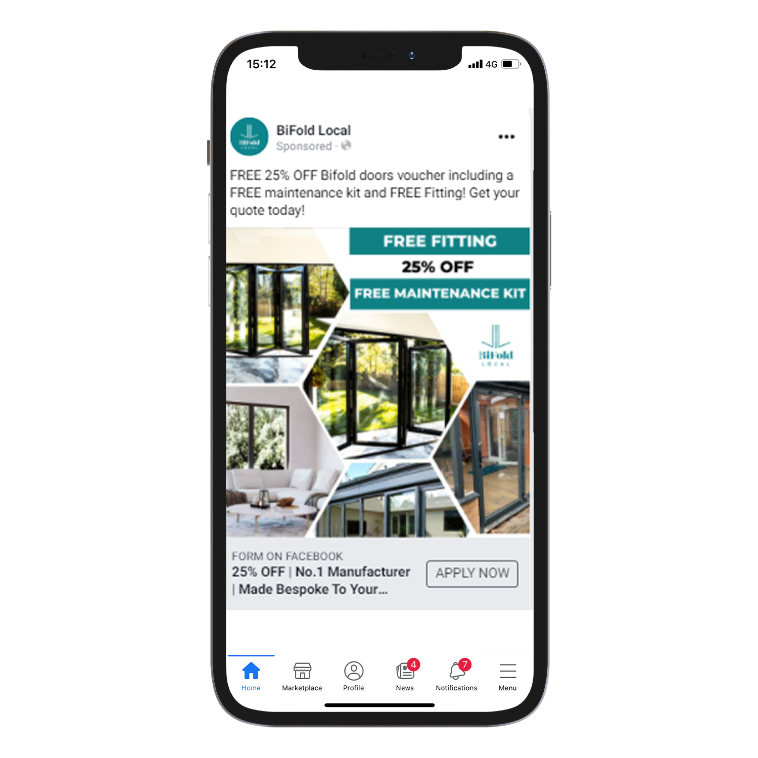 Mockup of an iphone screen with a BiFold Local social ads showing on the Facebook app
