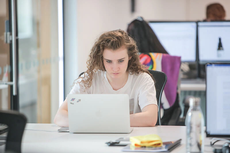 Castle Int. consultant concentrating on her laptop in the office