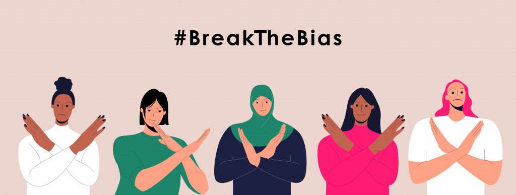 Horizontal poster with a group of women of different ethnic groups crossing their arms. International women’s day. 8th march. Break The Bias. 