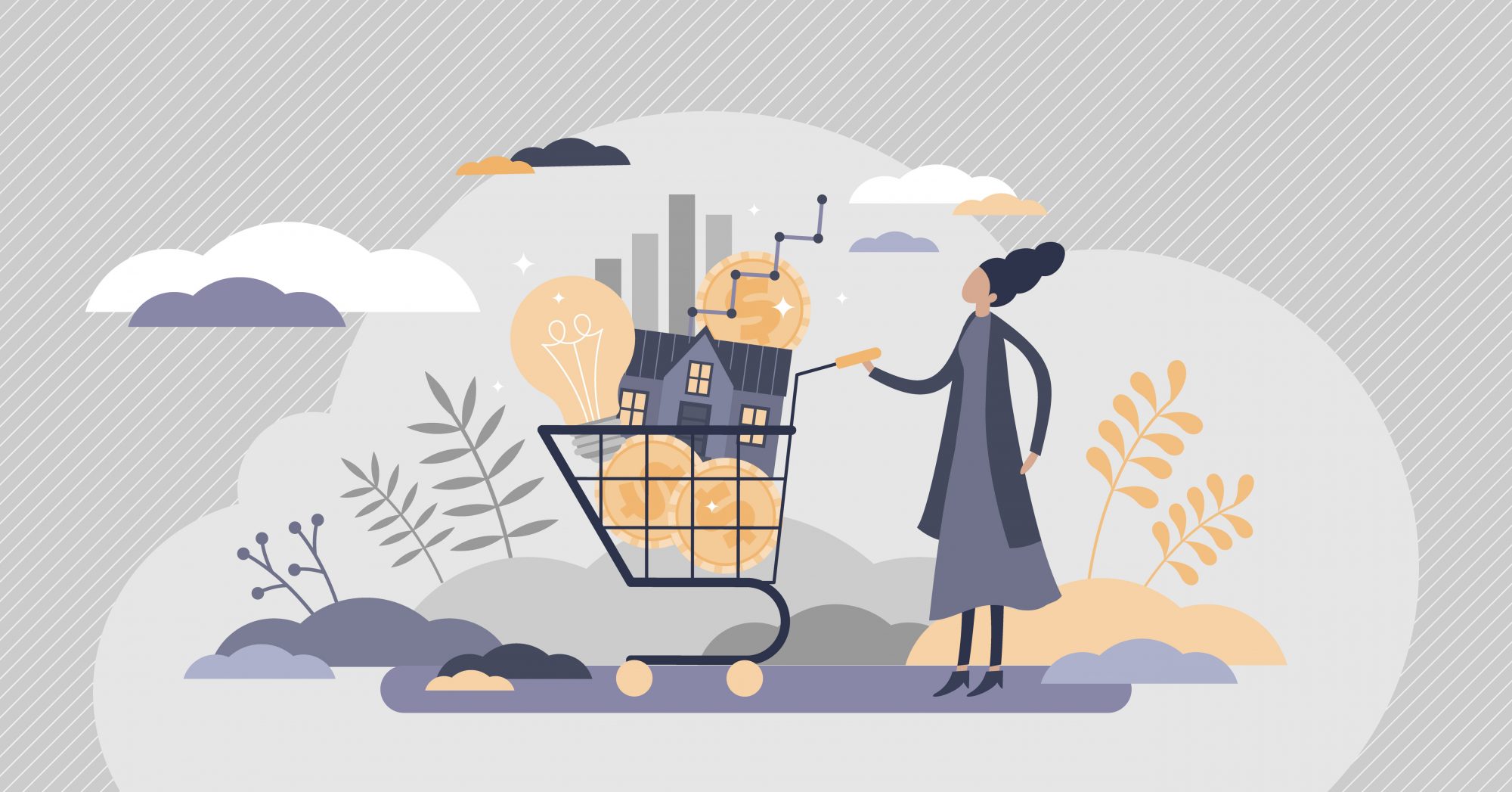 Illustration of a woman pushing a shopping trolley filled with a house, lightbulb and coins, symbolising living costs