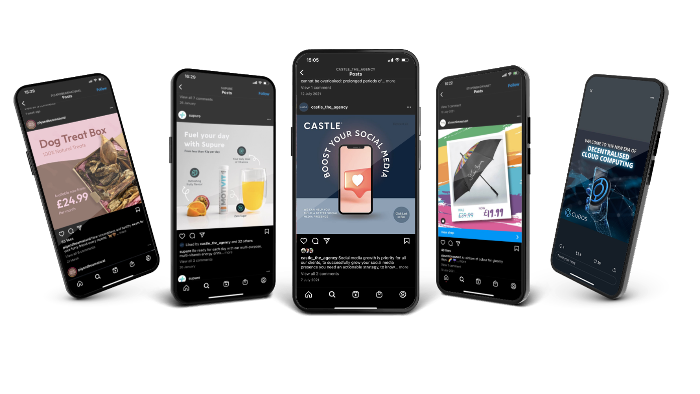 Five smartphones displaying social media posts created for Castle Int. clients