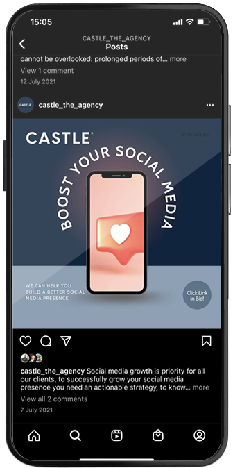 Smartphone showing a Castle Int. Instagram post titled Boost Your Social Media