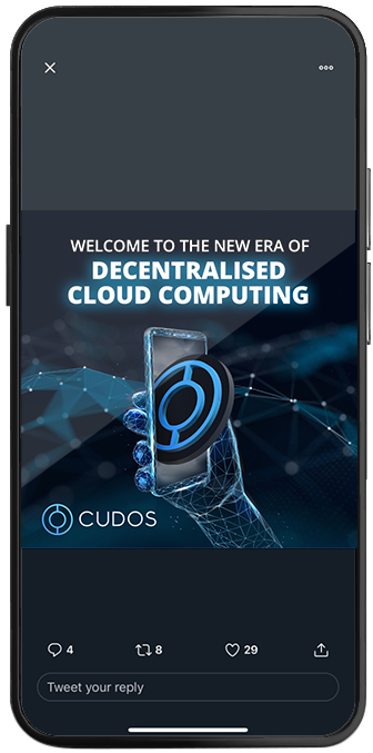 Smartphone showing a Cudos social media post about decentralised cloud computing