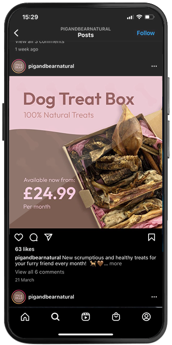 Smartphone showing a Pig and Bear Natural Instagram post promoting a dog treat box subscription