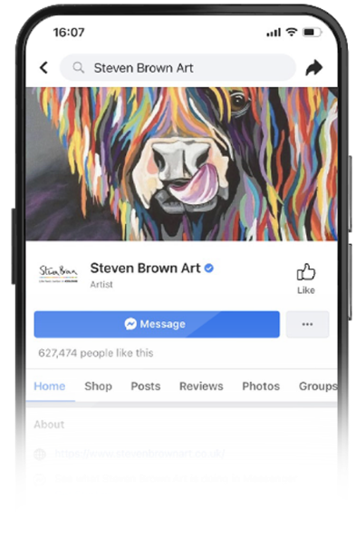 Smartphone showing the Steven Brown Art Facebook page with a colourful Highland cow painting