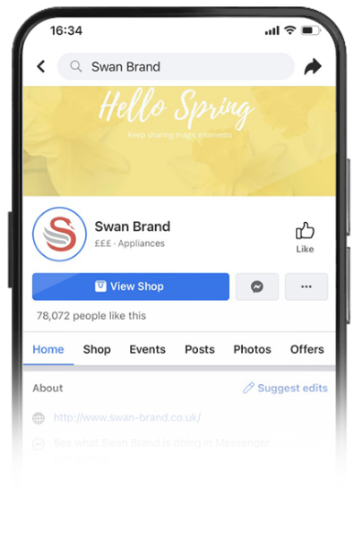 Smartphone showing the Swan Brand Facebook page with over 78,000 likes