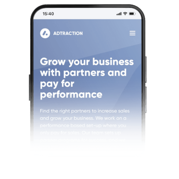Smartphone showing the Adtraction affiliate network website homepage