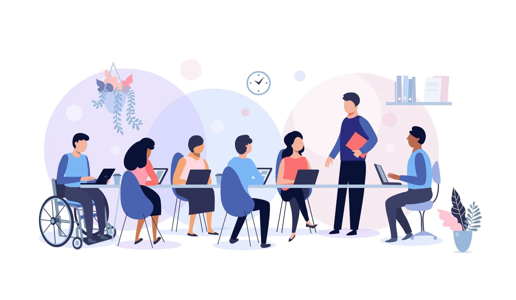 A drawing of people sitting at tables with laptops, one of whom is in a wheelchair.