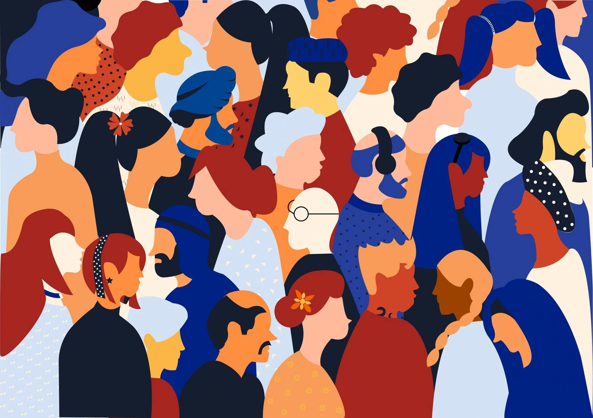 An assemblage of figures in side profile representing diverse cultural backgrounds.