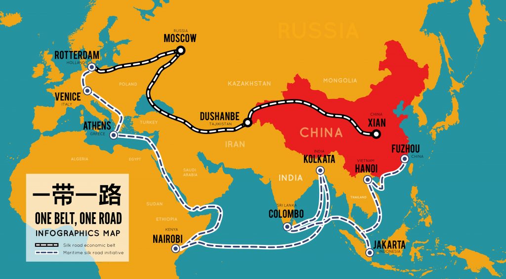 A map of Europe, Asia and Africa, displaying the silk trade routes from China across the world.