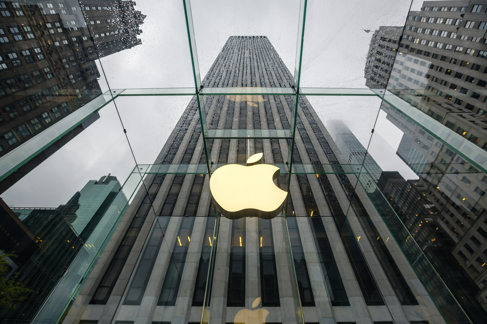 A photograph of the Apple store on Fifth Avenue in New York on a rainy day.