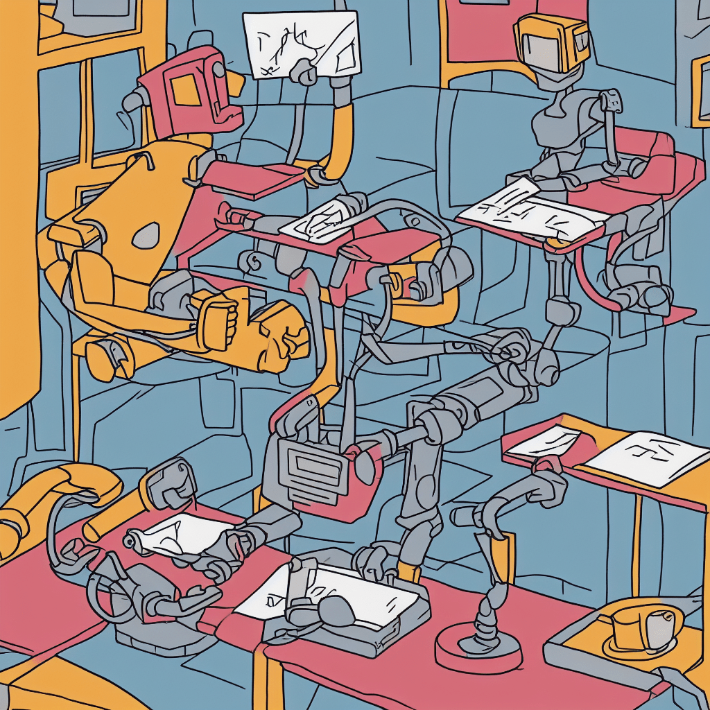 Colourful cartoon of robots writing at desks