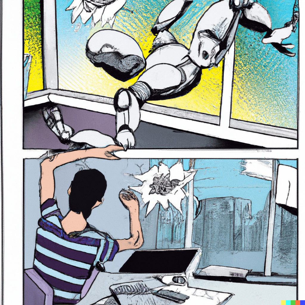 Comic strip of a robot crashing through an office window as a man looks up from his desk