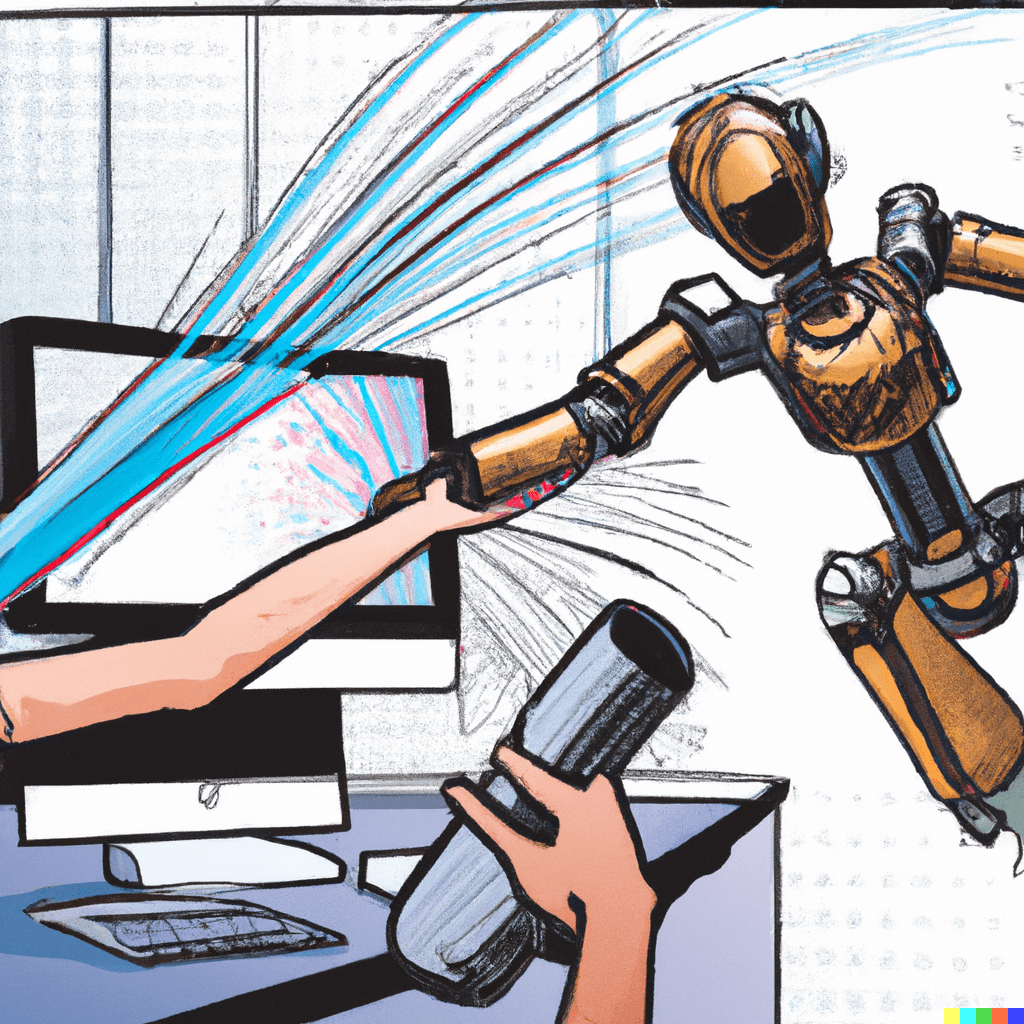 Comic-style illustration of a robot bursting out of a computer screen towards a person