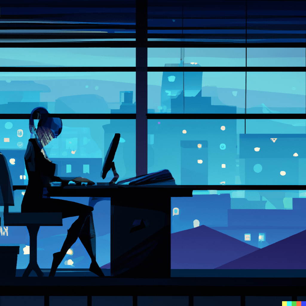 Cyberpunk artwork of a writer at her desk overlooking a city at night