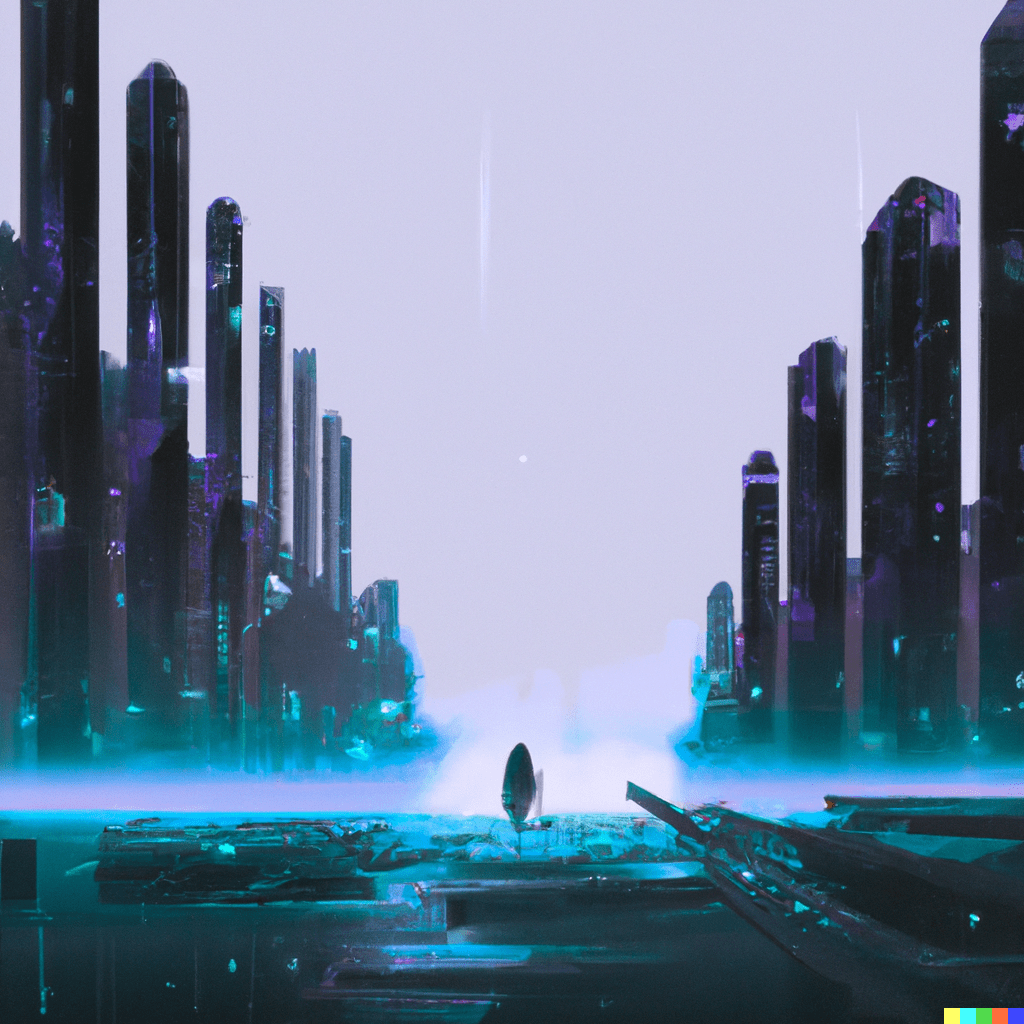 Digital art of a lone figure in a deserted futuristic city