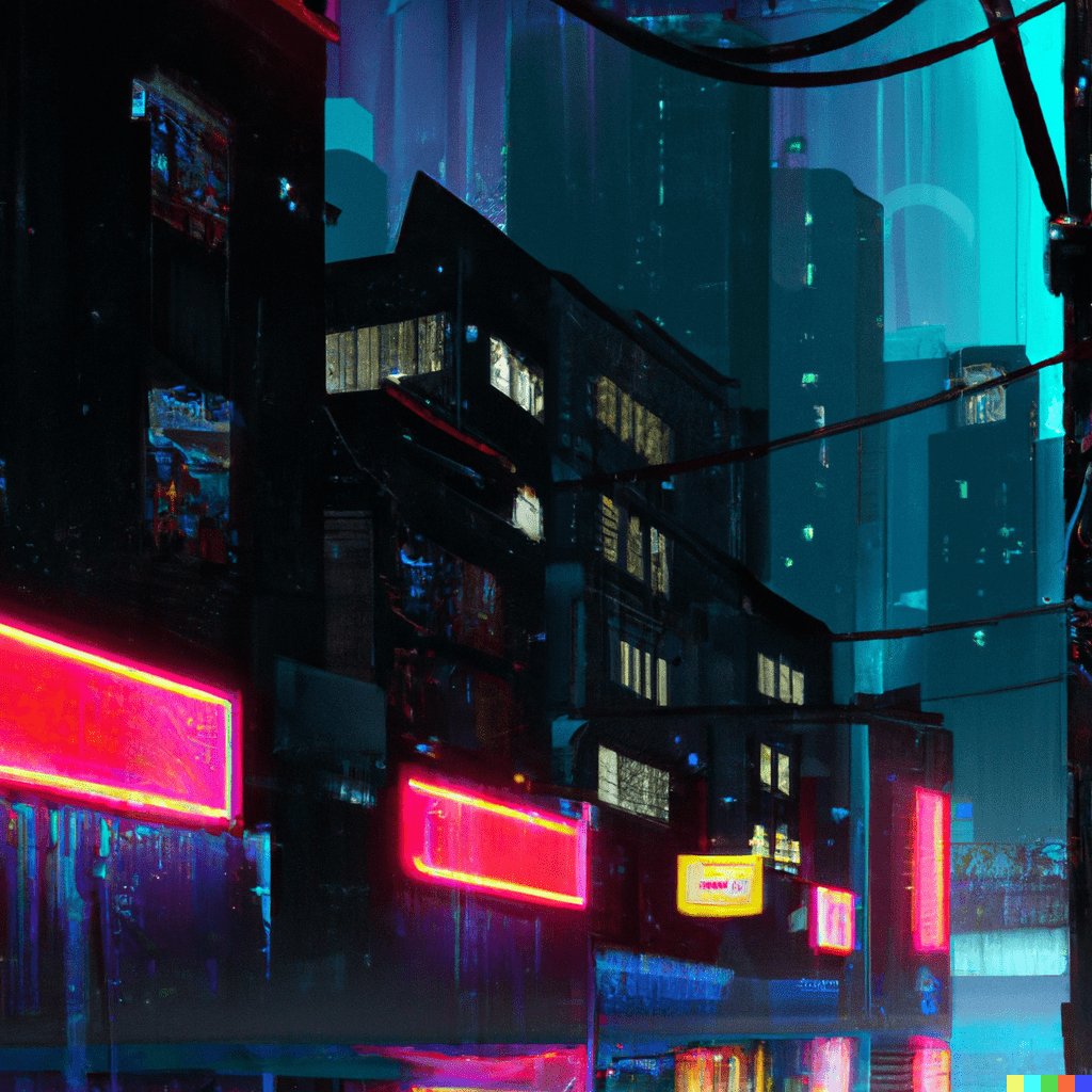 Dystopian cityscape at night lit with neon signs in the rain