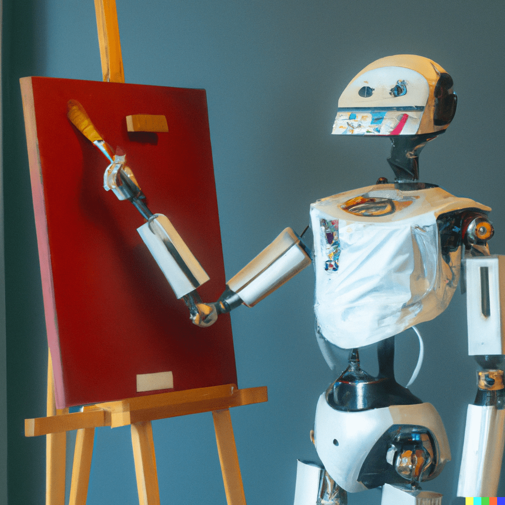 Humanoid robot holding a paintbrush at a red canvas