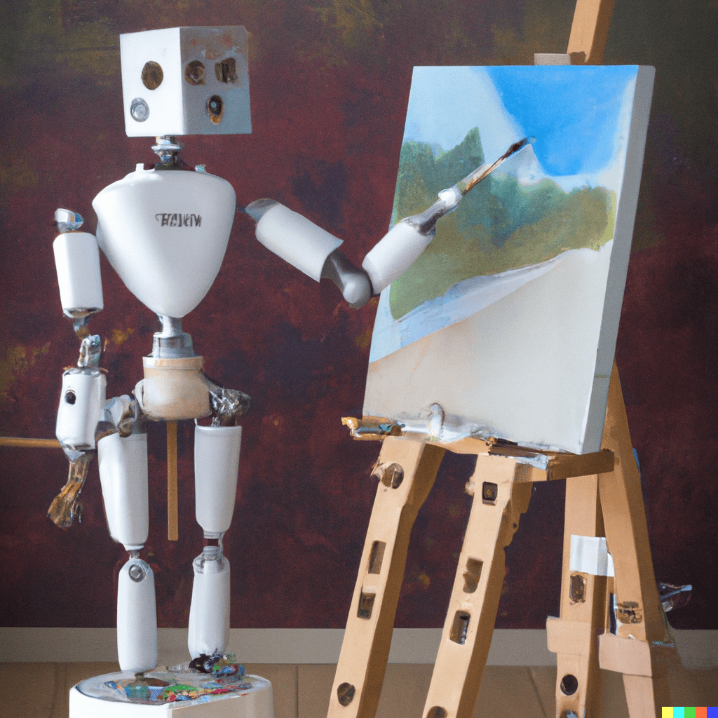Humanoid robot painting a landscape on an easel