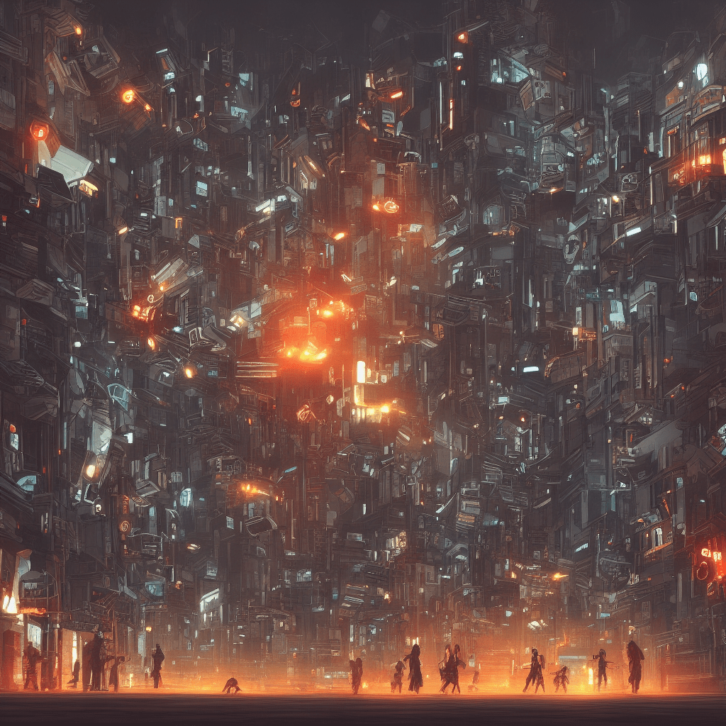 Illustration of robots attacking a dystopian city at night