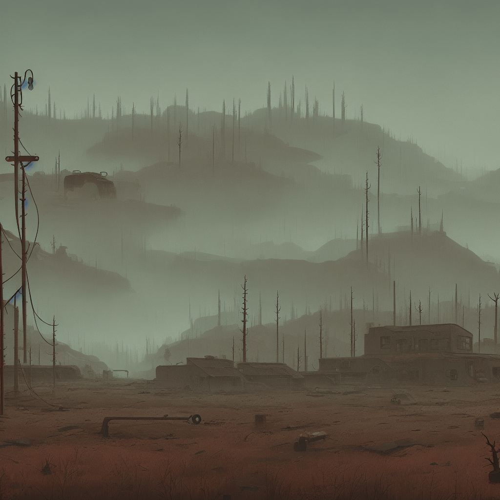 Post-apocalyptic landscape of bare trees and abandoned buildings in fog