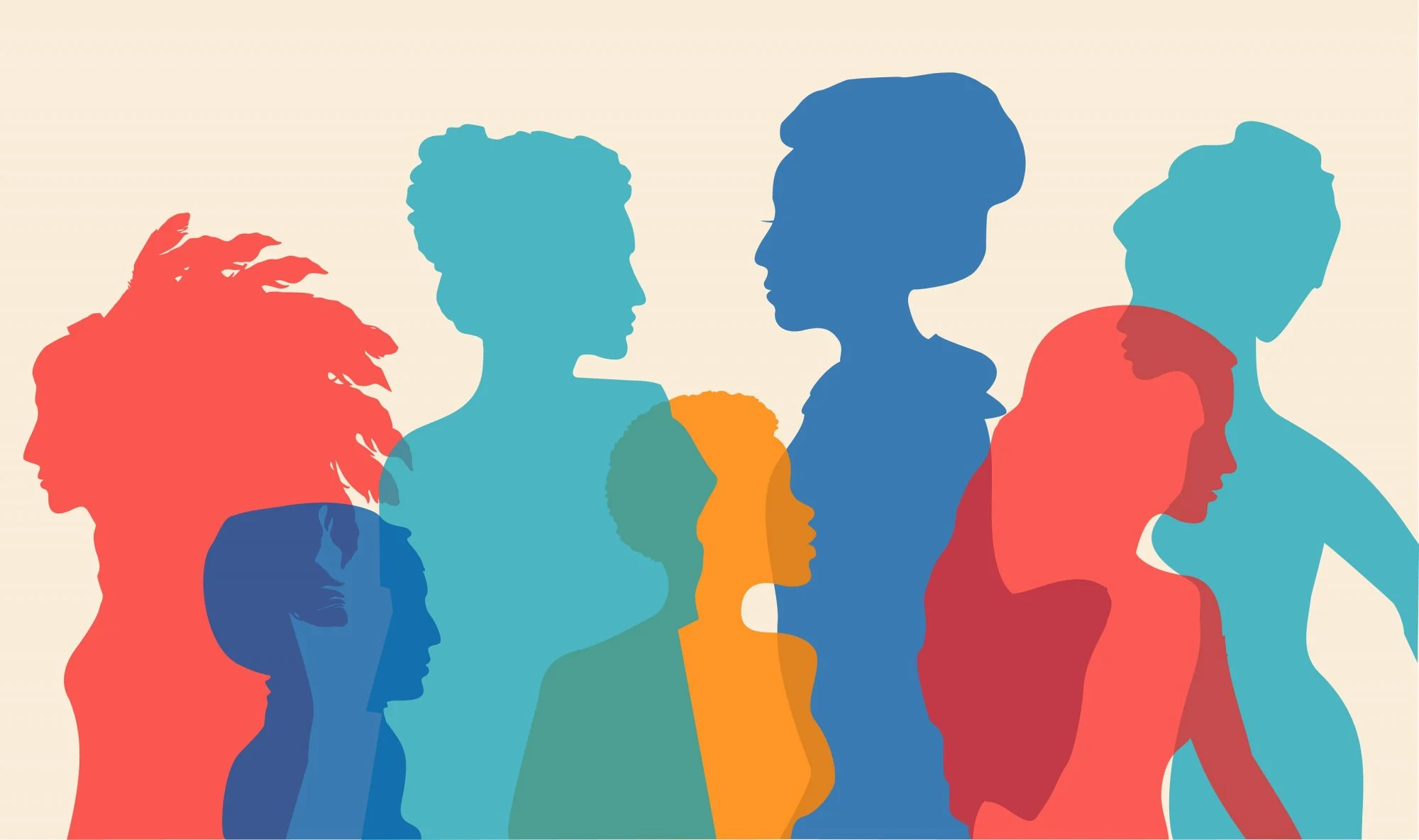 Colourful overlapping silhouettes of diverse people in profile