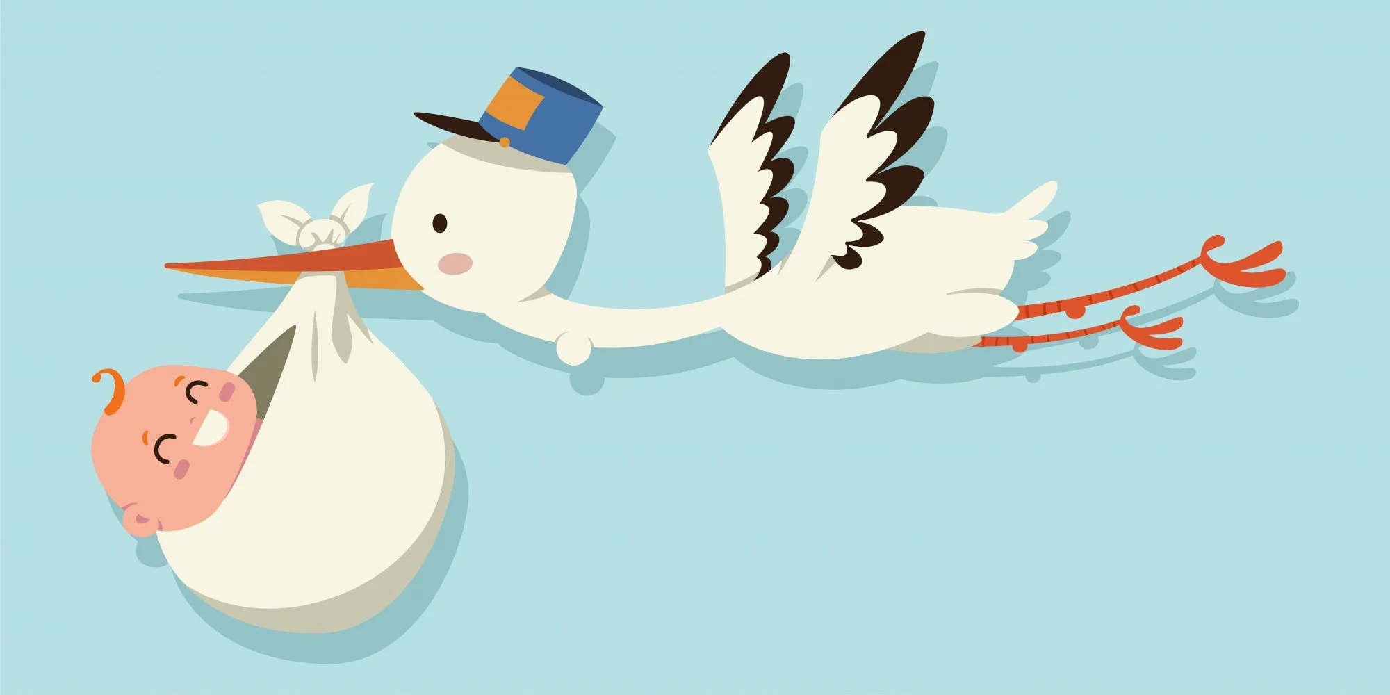 A flying stork carrying a baby wrapped in a blanket in its beak. 