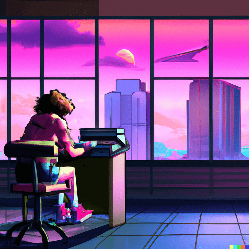 Vaporwave artwork of a writer at a desk before a futuristic city skyline