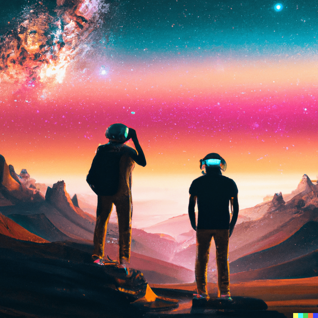 Illustration of two people wearing VR headsets looking out across a valley at sunset with stars visible in the sky above them.