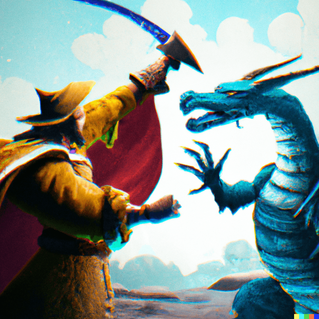 An illustration of a wizard fighting a dragon.