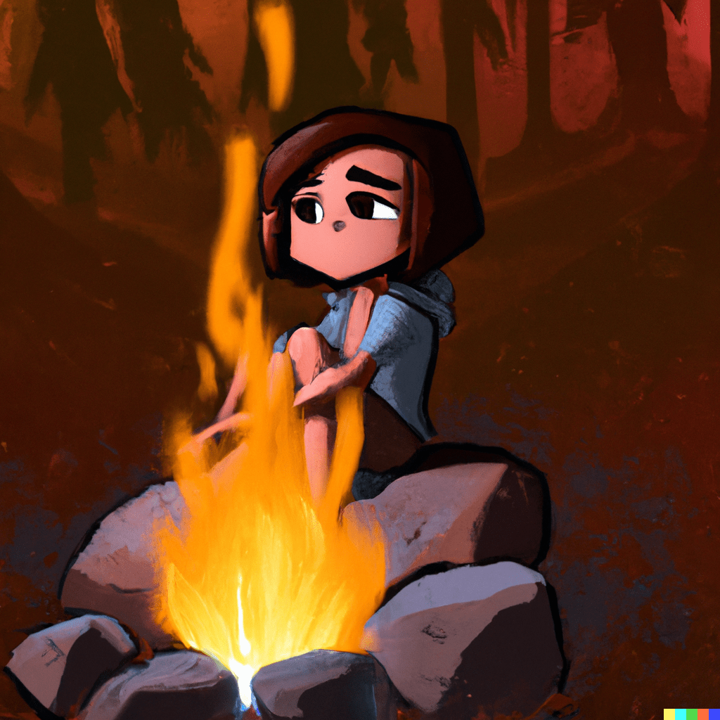 Video game art of a woman sitting behind a campfire in the woods.