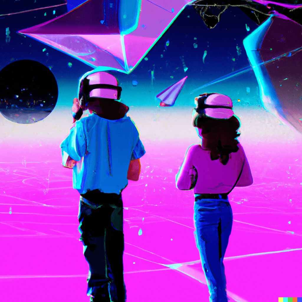 Two people wearing VR headsets looking out across an abstract computerised landscape in a vaporwave style.