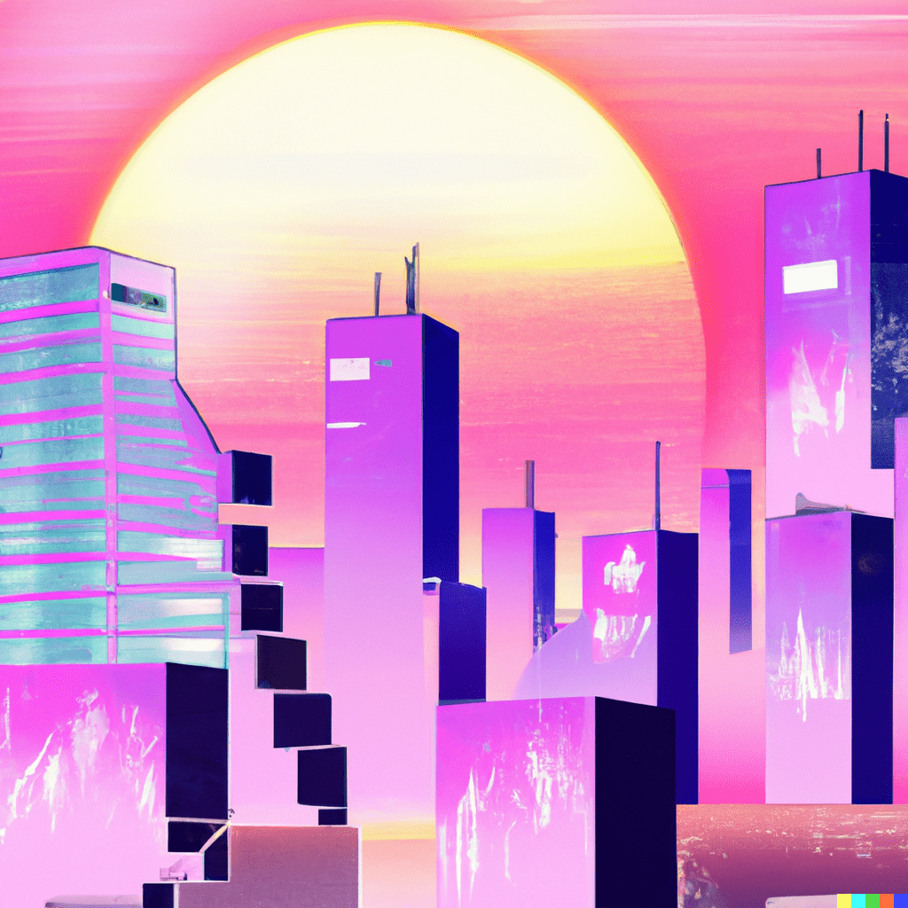 Vaporwave art of a futuristic city skyline at sunset.