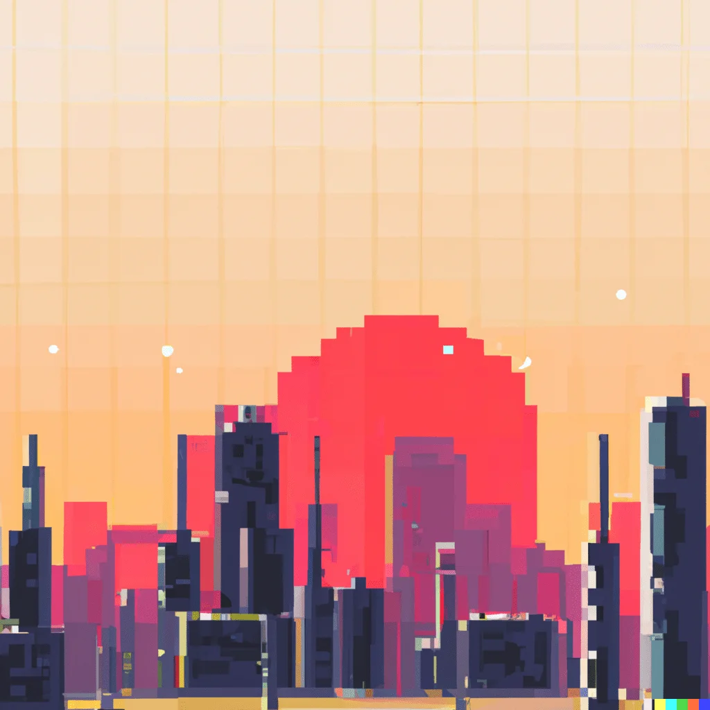 Pixel art of a cityscape at sunset.