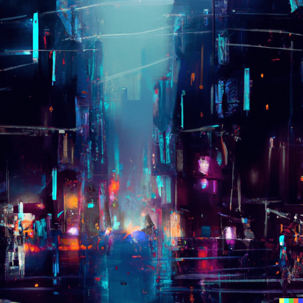 A blurred illustration of a neon-lit cityscape at night in the rain.