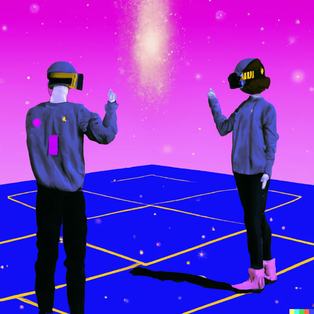 Two people wearing VR headsets in an abstract computerised landscape gesturing to one another with their hands.