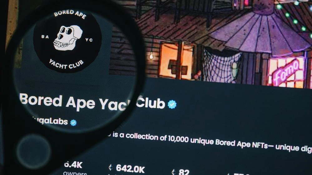 Magnifying glass over the Bored Ape Yacht Club NFT collection page on screen