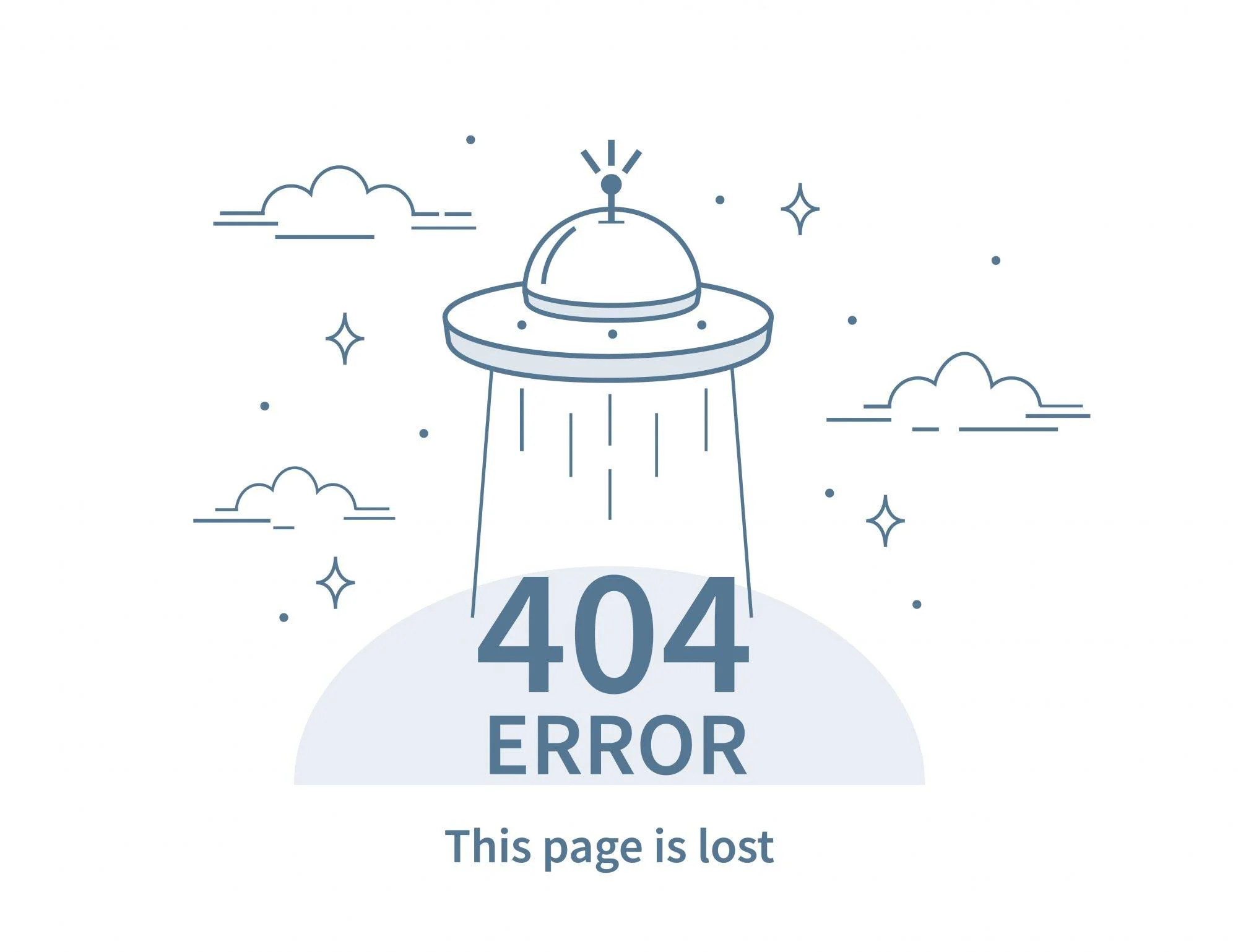 404 error page illustration with a flying saucer and the message this page is lost