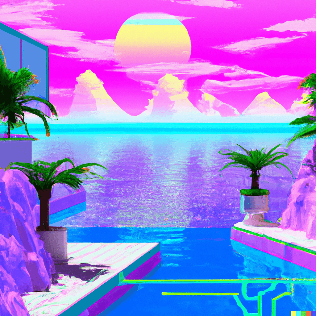 Vaporwave scene of a virtual world with palm trees, pools and a pink sky