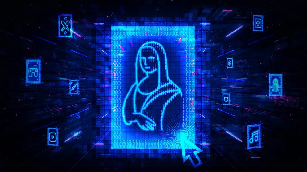 Glowing digital Mona Lisa with a cursor, representing NFT artwork