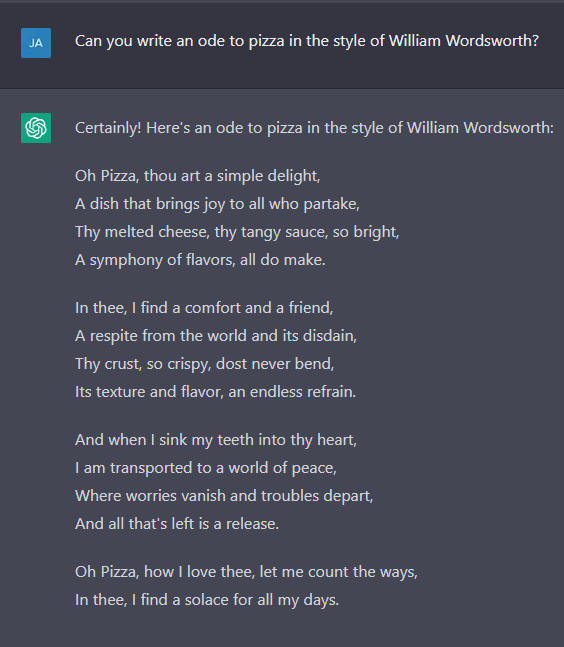 ChatGPT screenshot composing an ode to pizza in the style of William Wordsworth