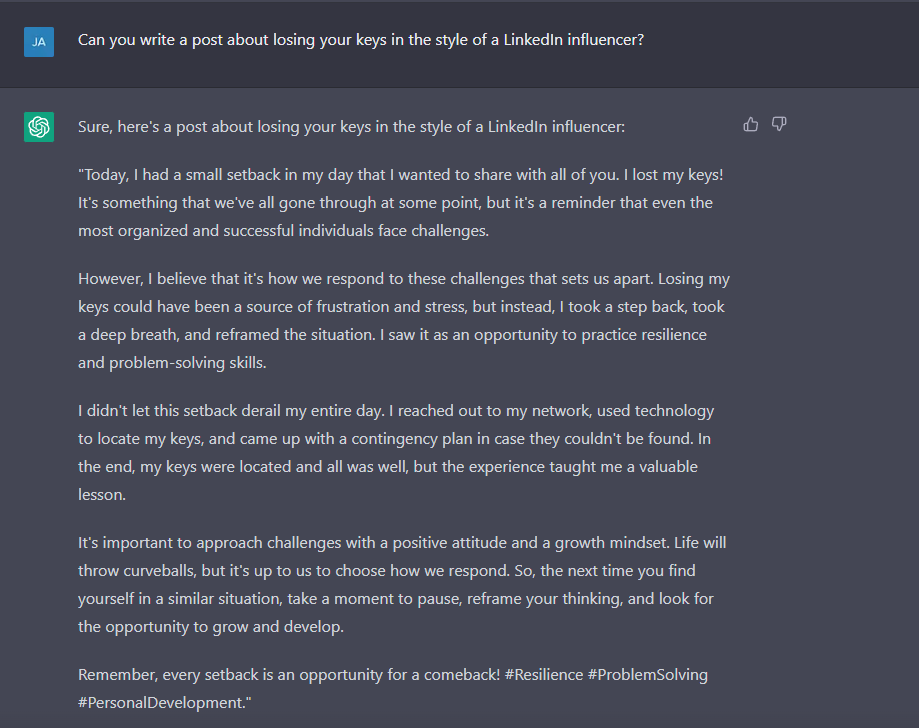 ChatGPT screenshot writing a LinkedIn influencer-style post about losing keys