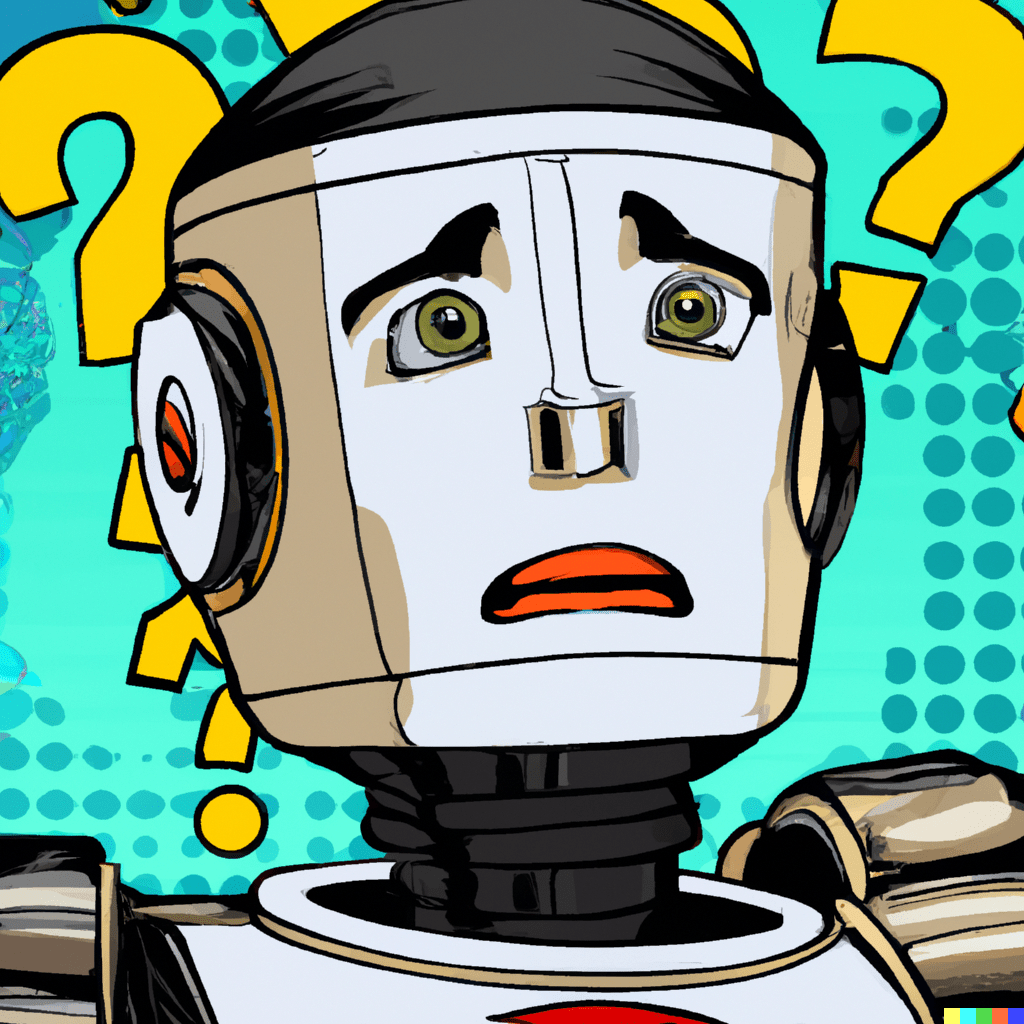 Pop-art illustration of a worried robot surrounded by question marks