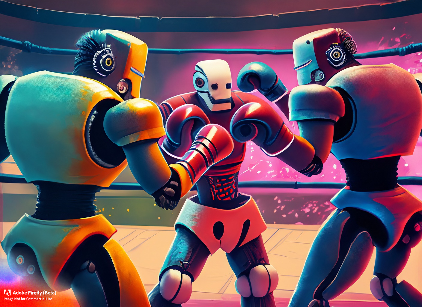 Adobe AI Firefly Image of 3 robots fighting each other in a boxing ring, vibrant color