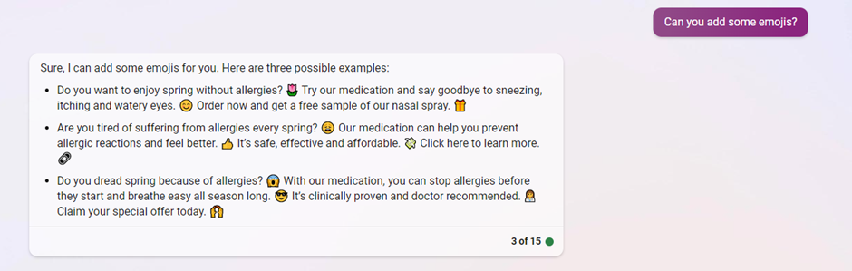Bing Chat adding emojis to its allergy medication ad copy examples